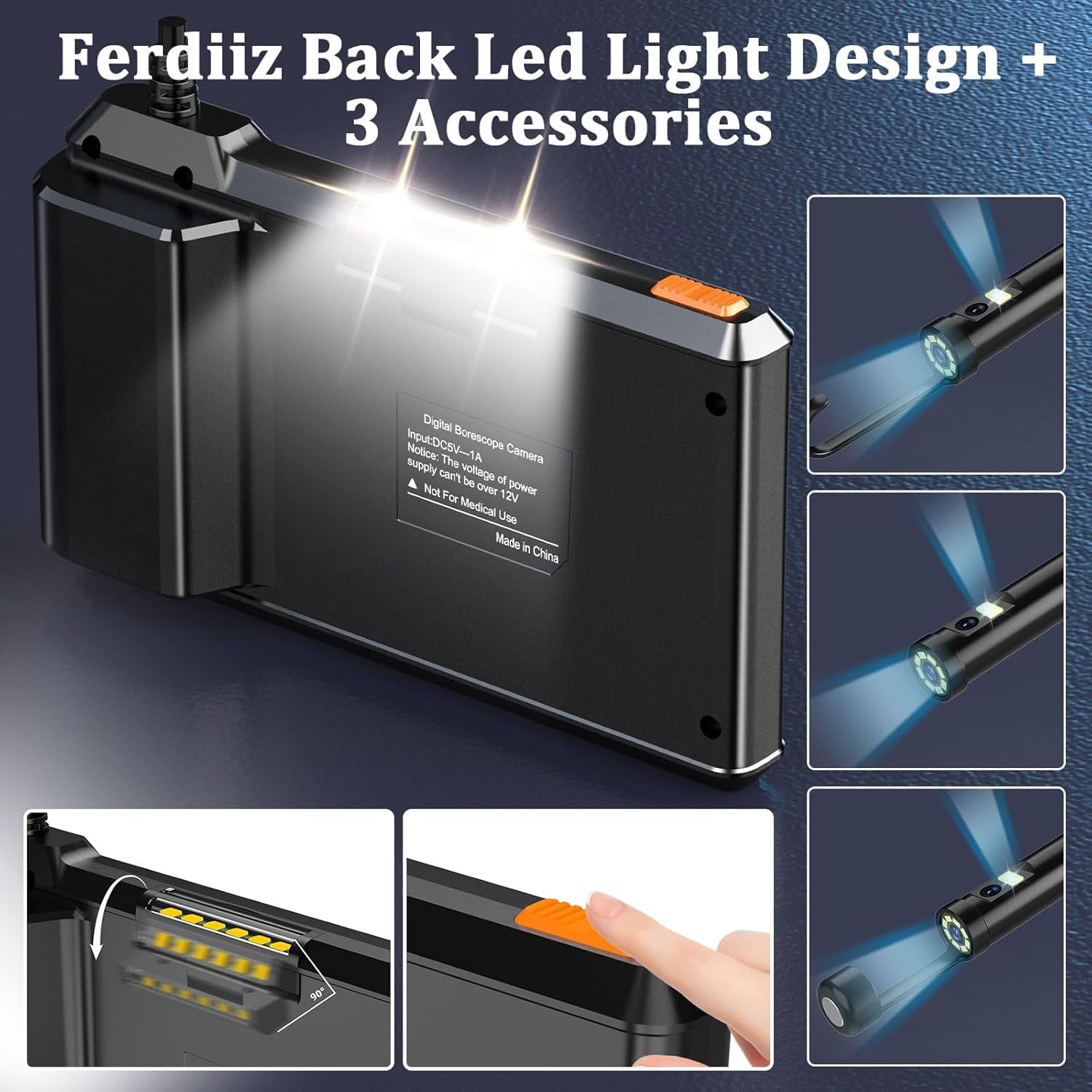 Dual-Lens Endoscope with Light, Endoscope Camera with Light with 4.3" IPS Screen,1920P HD with 8 LED Lights,16.4ft Semi-Rigid Cable and Back LED Light,IP67 Waterproof Endoscope Cool Gadgets for Men
