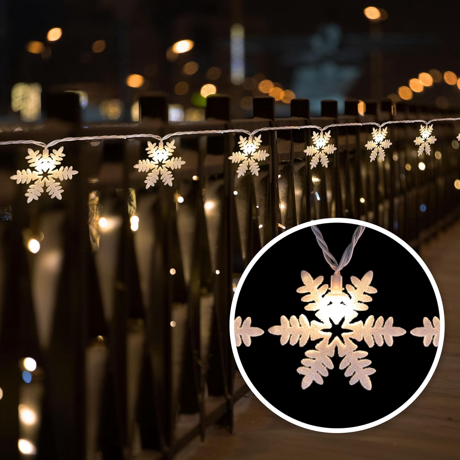 8FT Snowflake String Lights for Christmas Decoration, 10 Glitter Snowflakes Indoor Outdoor Winter Tree Bedroom Home Decoration, Warm White