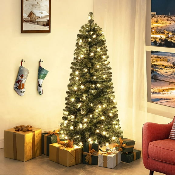 Vienna 4.5ft Prelit Slim Artificial Christmas Tree with 444 Branch Tips, 150 Warm Lights and Metal Stand, 25" wide Realistic Skinny Pencil Christmas Tree with Lights by Naomi Home