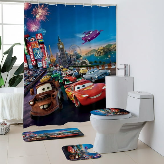 Cars 2 Polyester Bath 4-Piece—Shower curtain, toilet mat two floor mats.