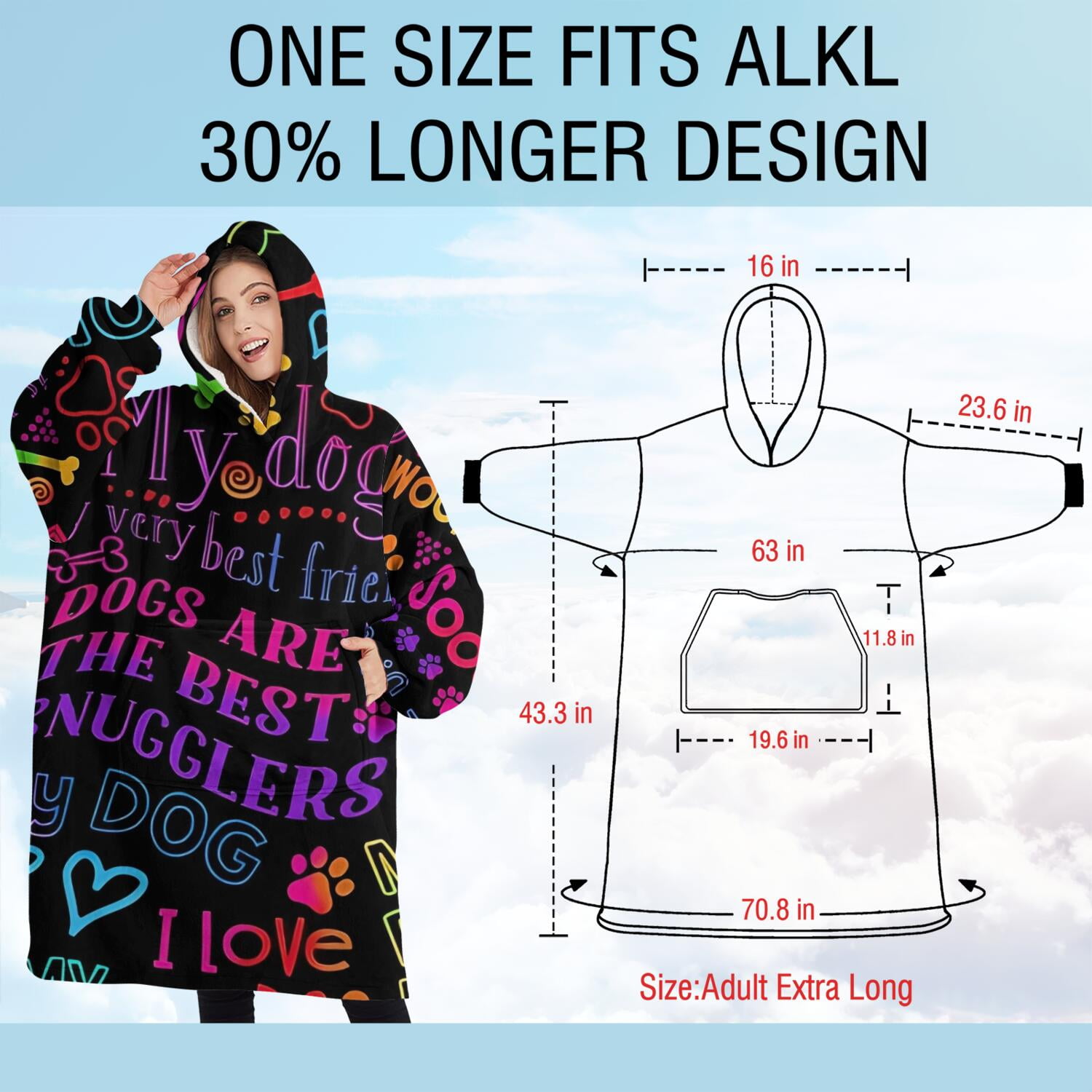 Oversized Wearable Blanket Hoodie,I Love My Dogs Art Sherpa Blanket Hoodie with Super Pockets,Super Warm Fuzzy Pullover for Women & Men