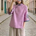 thumbnail image 2 of YanHoo Vintage Traditional Embroidered Tang Suit for Women 3/4 Sleeve Knitting Cotton Loose Blouse Shirts with Chinese Frog Button Tops Purple,XXXXL, 2 of 7