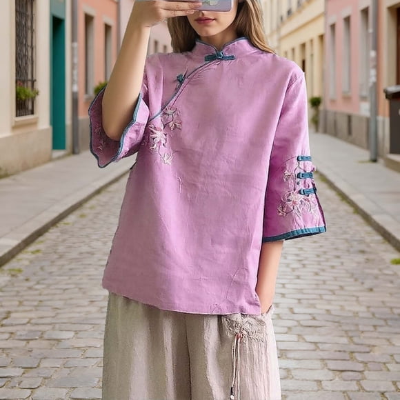 Hauts Vintage en Lin Été Manches 3/4 Blouses Grenouille Chinoise Chemises Traditionnelles Mandarin Brodées à Motif Floral