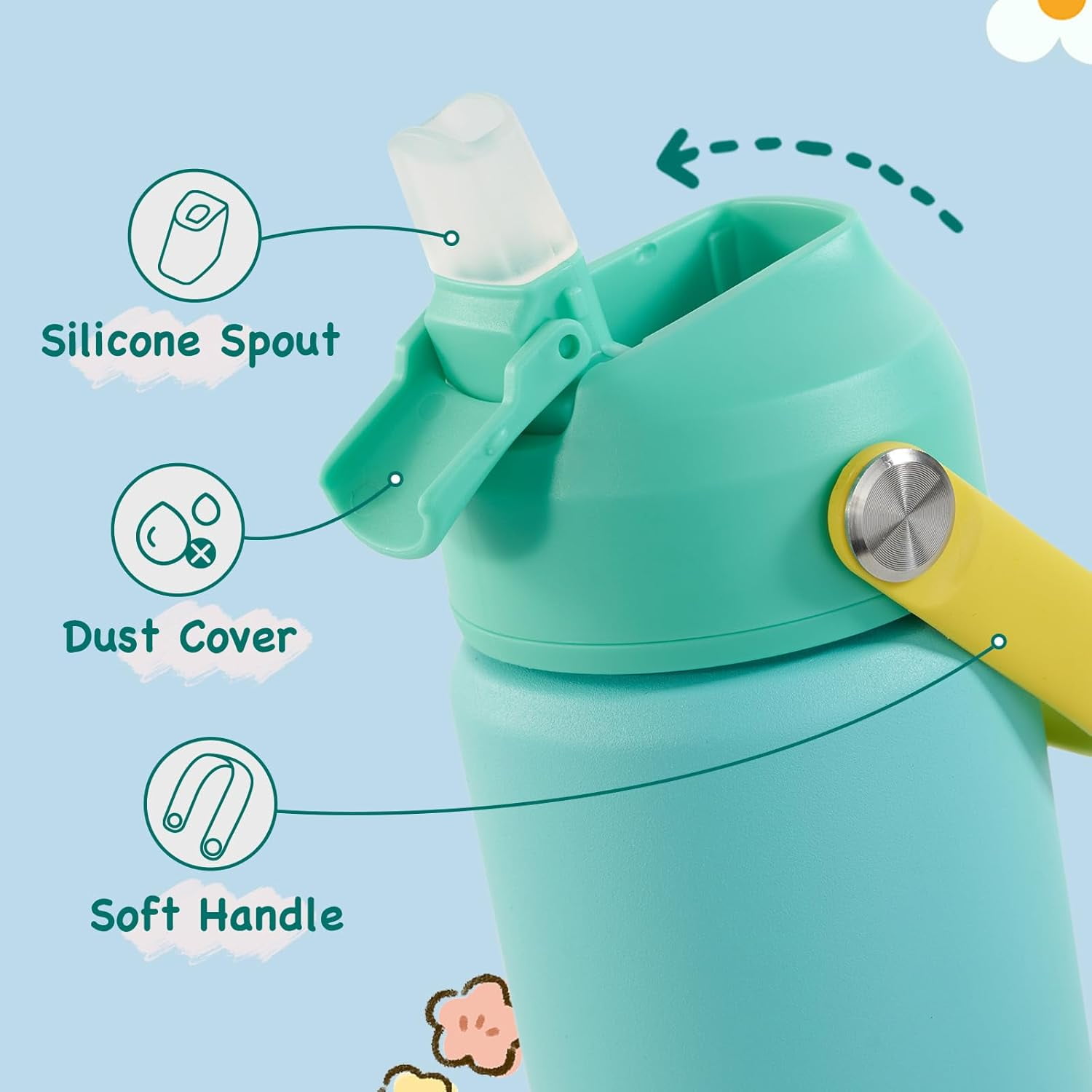 12oz Kids Water Bottle, Stainless Steel Insulated Water Bottle For Kids, Toddler Cup With Straws Leak-proof, Kids Water Bottles For School Boys Girls, BPA Free, Twilight Green
