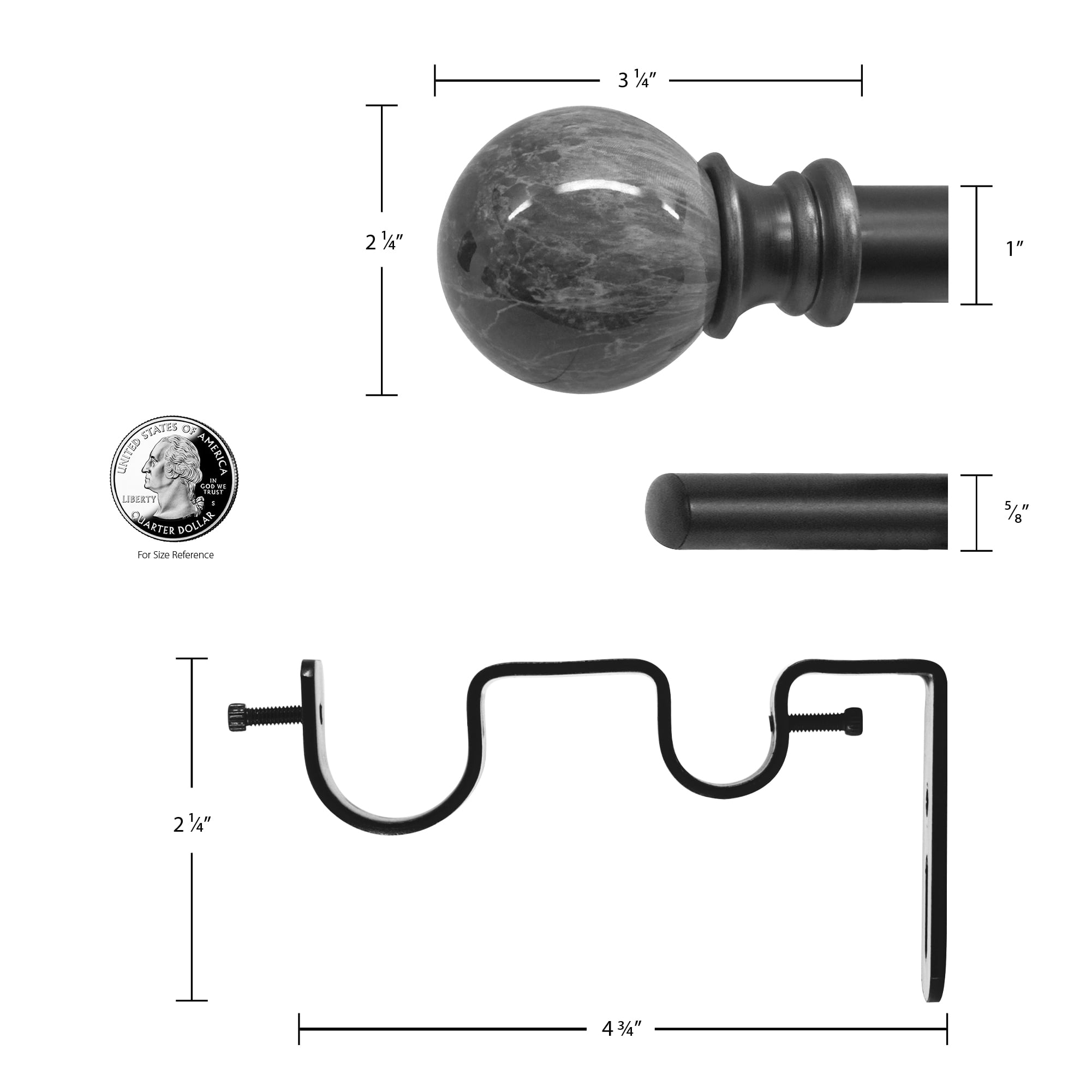 Decopolitan 1" Antique Silver Marble Adjustable Curtain Rod, 18-36"