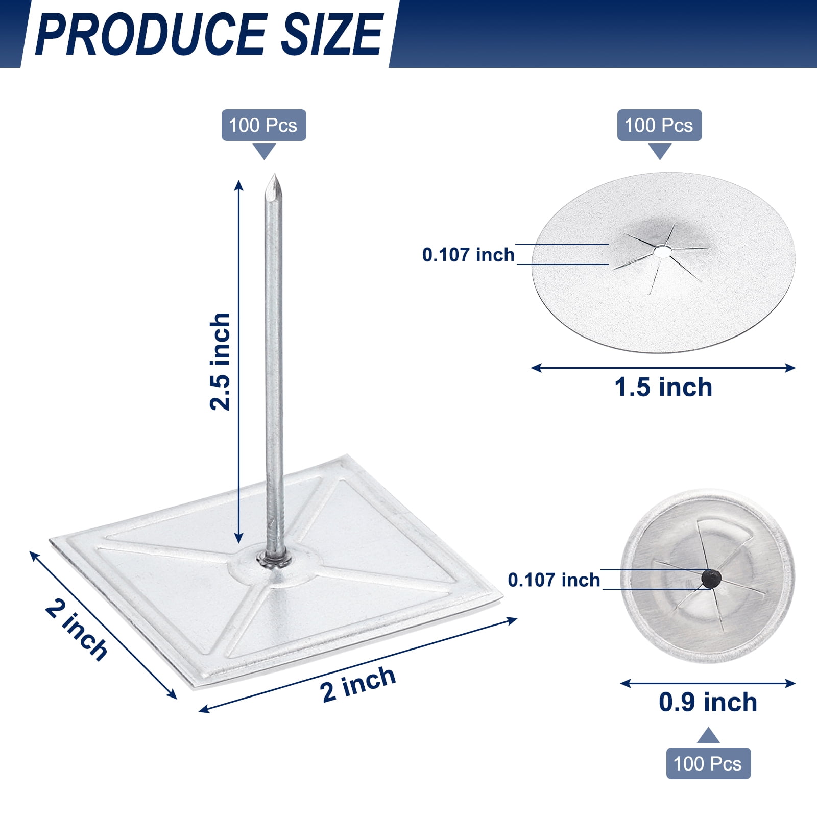 100 Sets Self Stick Insulation Pins 2-1/2inch, 1.5 Inch Self Locking Washers Round 7/8 Inch Aluminum Insulation Hangers