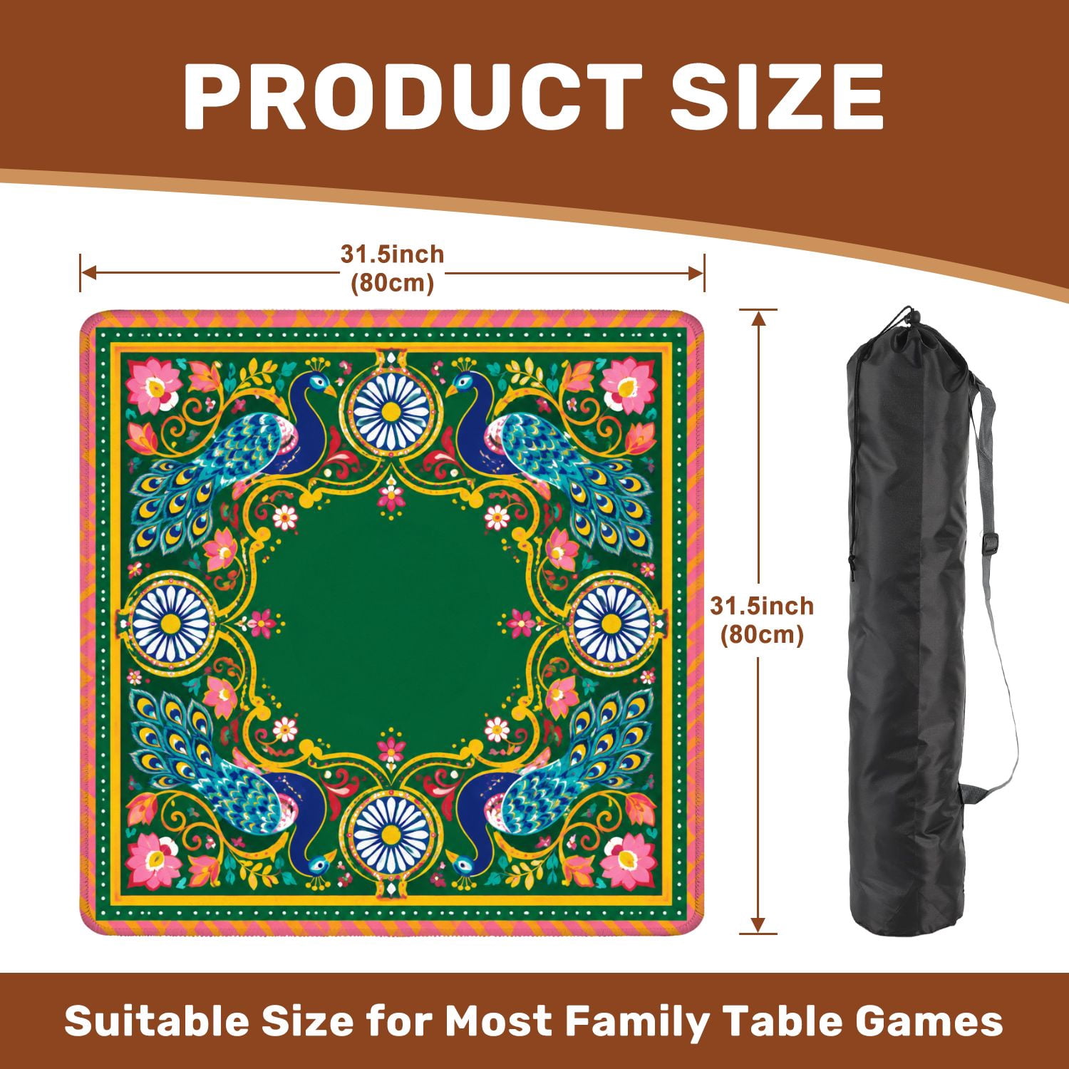 Mahjong Mat 31.5" x 31.5" Abstract Floral Peacock Motifs Vibrant Colors Non-Slip Noise Reduction Mahjong Tiles Table Cover for Dominoes Poker Card Board and Tile Games