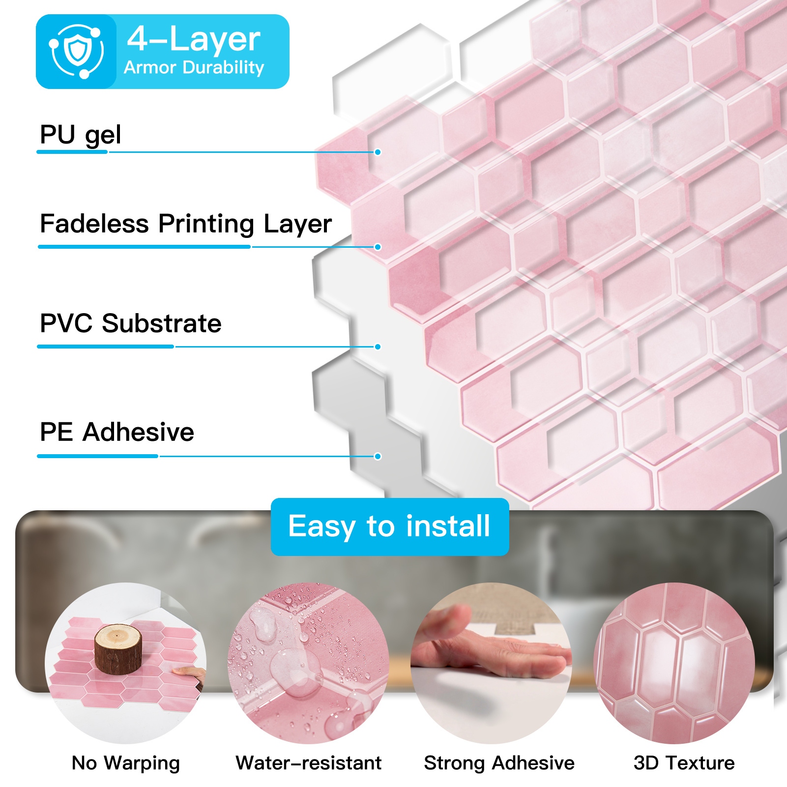 10Pcs Peel and Stick Backsplash,12'' x 12'' Heavy-Duty Self-Adhesive Vinyl Wall Tiles for Kitchen,Bathroom