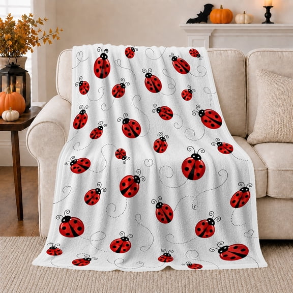 Cute Cartoon Ladybug Pattern Whimsical Fluttering Bug Art, Peaceful Mountain Lake Scene, Warm Flannel Blanket for Cabin and Lodge, Outdoor Lovers Valentine's Day Gift, Playful Home Decor