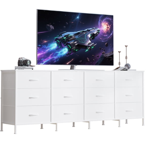 Modern 70 Inch Dresser & TV Stand with Charging Station - 12 Fabric Drawers - Wide Storage Chest for Bedroom, Living Room, Entryway - Fits 65-80 Inch TV - White