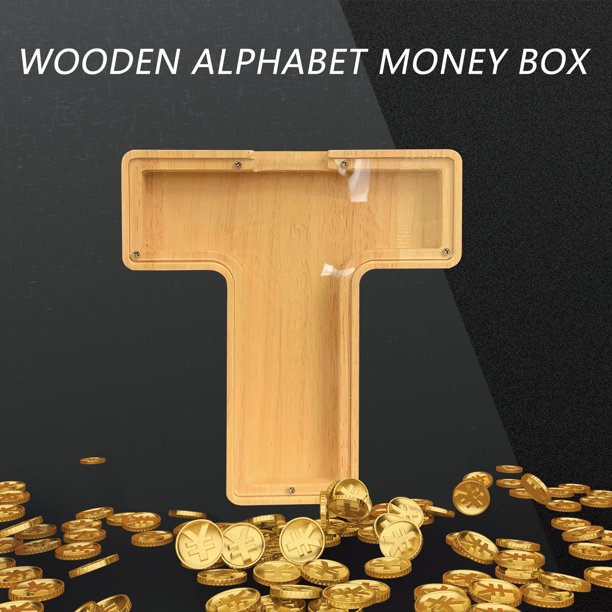 Tarro De Ahorro Caja de ahorro creativa 26 Alfabeto inglés Caja de almacenamiento de dinero de madera Tarro (T)