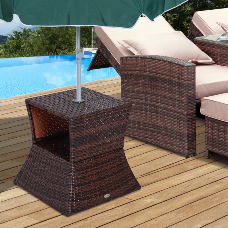 HOQBN Outdoor Side Table with Umbrella Hole, 2 Tier Rattan Wicker End Table with Storage Shelf, All Weather for Outdoor, Patio, Garden, Backyard, Mixed Brown