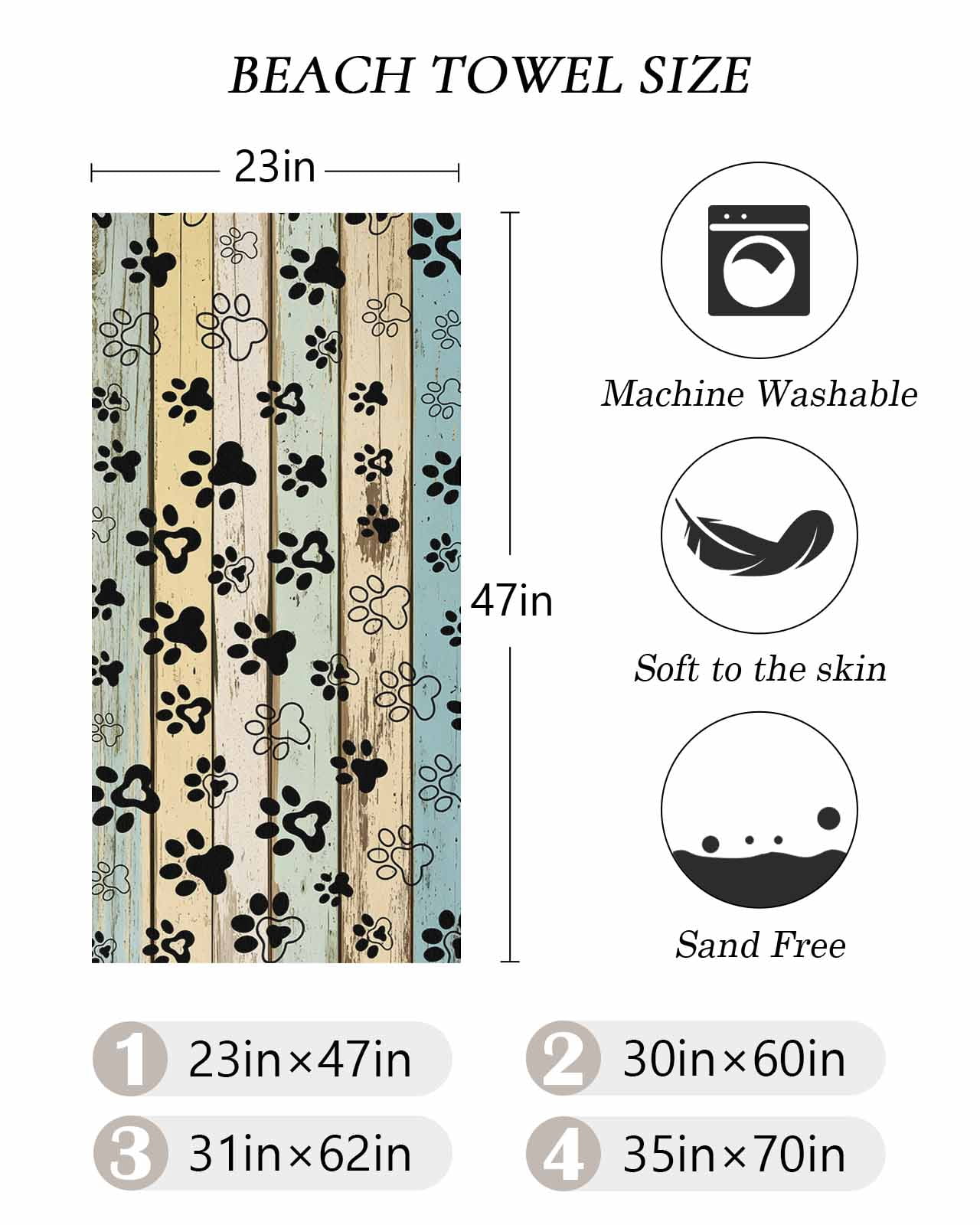 Teal Brown Paw Prints Beach Towels Oversized Super Absorbent, Vintage Farmhouse Wooden Grain Lightweight Bath Towel Quick Dry Sets For Bathroom/Pool/Rv Camping/Beach Play/Gym Room/Picnic 23"x47"