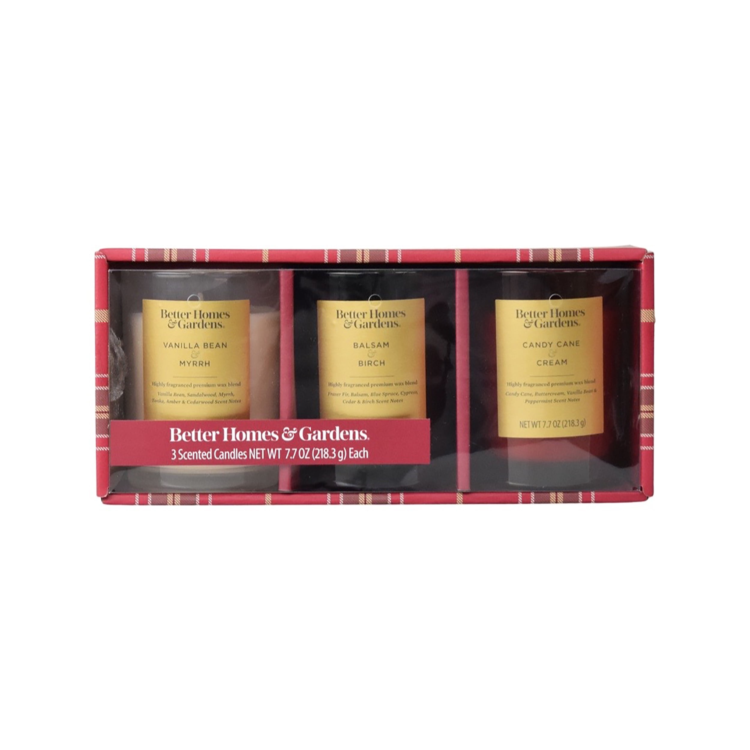 Better Homes & Gardens 8oz Vanilla Bean & Myrrh, Candy Cane & Cream, Balsam & Birch Scented Jar Christmas Holiday Candle Trio