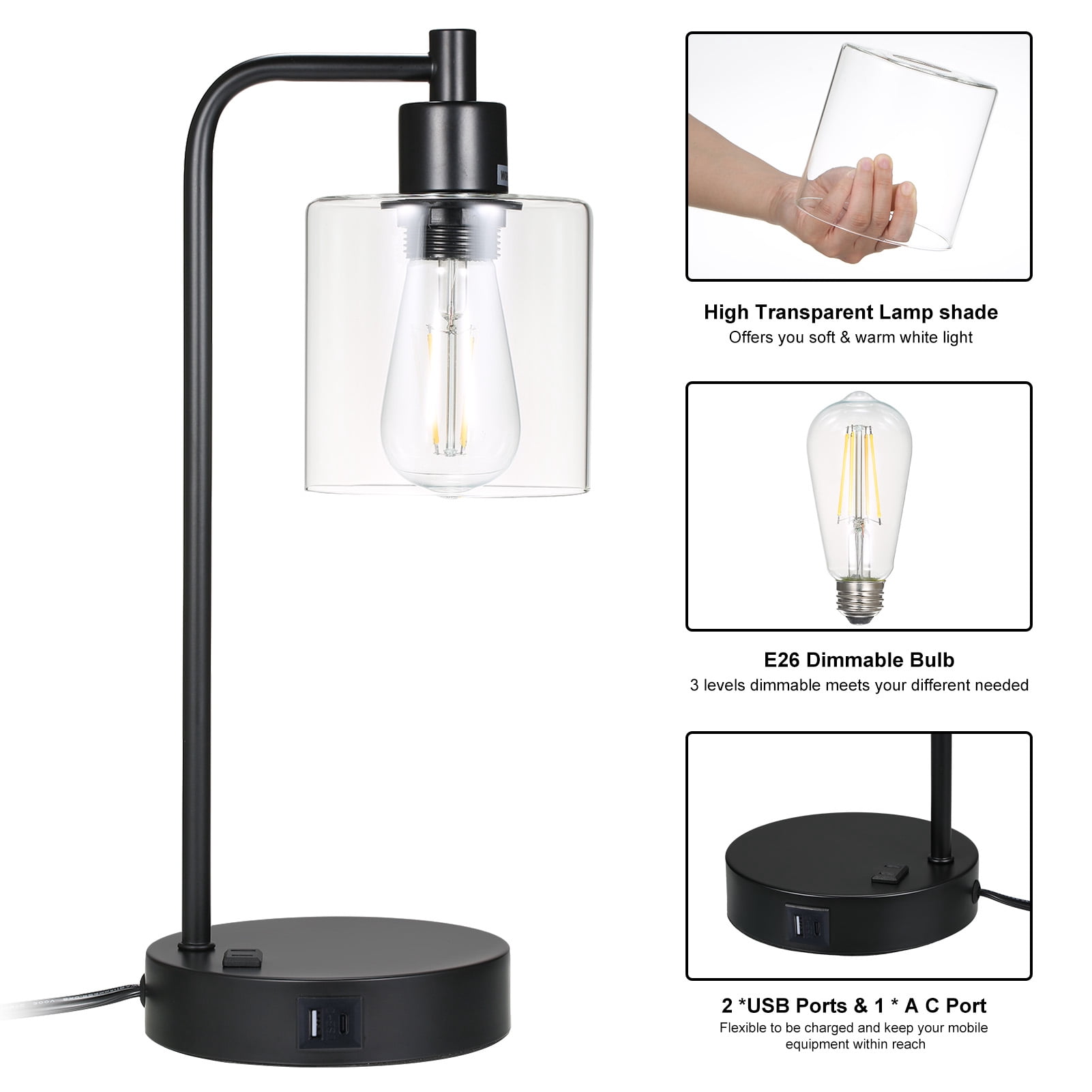 Nosilbek  Industrial Touch Table Lamps for Bedrooms Set of 2, 3-Way Dimmable Nightstand Lamps with USB C+A Ports and Outlet, Black Bedside Lamps with Glass Shade for Living Room Home Office
