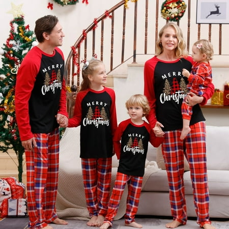 

Family Matching Christmas Pajamas Set Couples and Kids Long Sleeve Tee Letter and Plaid Printed Cheerful Christmas Pajama Sets