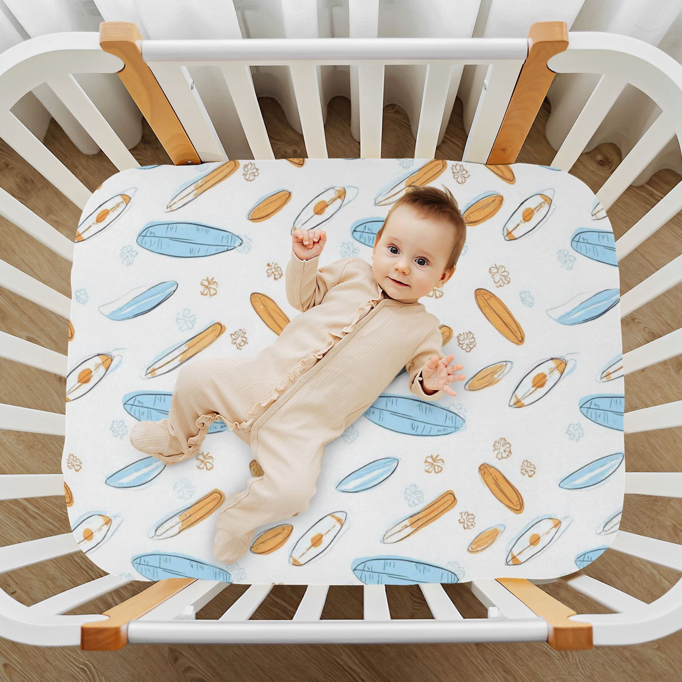 Baby Essentials 52”x 28”- Standard Cotton-like Modal Elastic- Surfboard Design Crib Sheets for Newborns and Toddlers