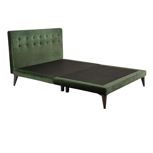 cama individual roomi cabecera tapizada color verde vista 3/4 frontal, cabecera capitonada en microfibra verde 100×75×10 cm, base individual 107×192×10 cm con patas cónicas de madera oscura, altura total 97 cm y altura piso a base 21 cm, capacidad 200 kg; también suele usarse como respaldo acolchado para lectura en habitaciones pequeñas.