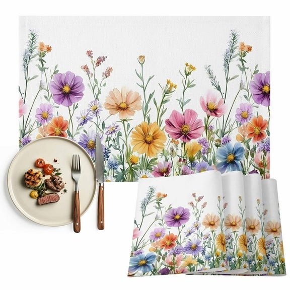 Rustic Boho Floral Placemats Set of 6, Colorful Wildflower Table Mats Washable Heat-Resistant Non-Slip Place Mats for Kitchen Dinner Table Indoor Outdoor Decor,13x19 Inch
