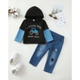 thumbnail image 2 of 6Y Kids Boys Clothes 7 Years Boys Fall Winter Pant Set Little Boys Long Sleeve Letter Print Hooded Top Jeans Pants 2PCS Outfits Set Black, 2 of 7