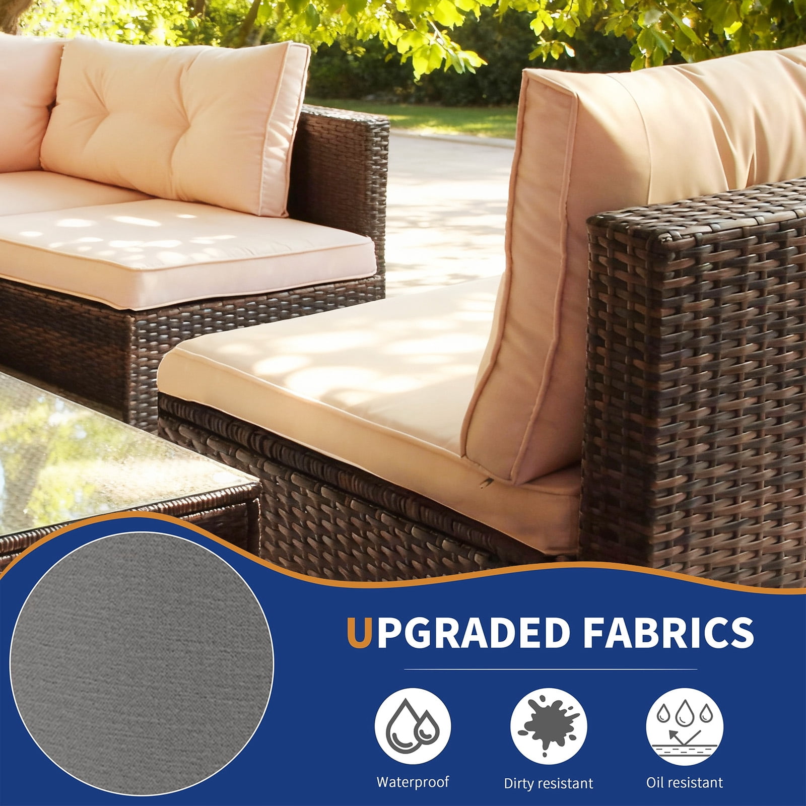 Tappio 7 Pieces Outdoor Patio Furniture Sets, PE Rattan Wicker Patio Conversation Sectional Set with Washable Thick Cushions and Coffee Table, Brown/Beige
