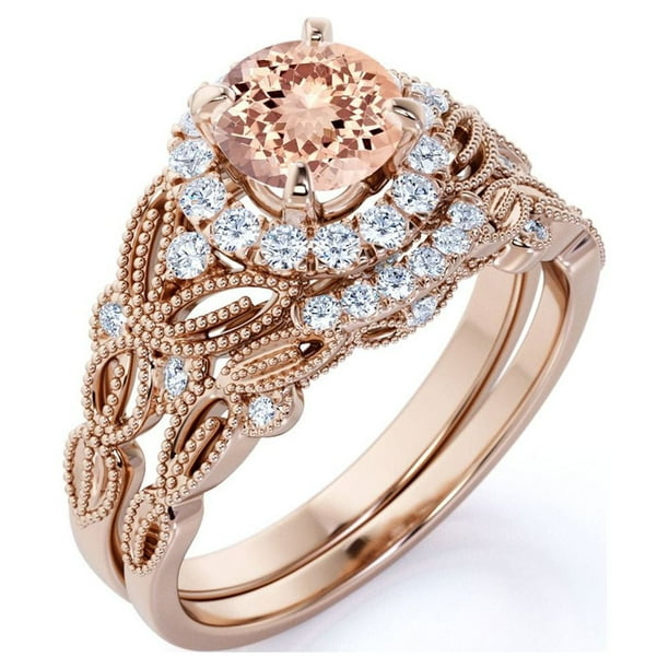 JeenMata Anillo Nupcial de 1,50 Quilates con Halo de Diamantes y Morganita de Talla Redonda Engastado en Oro Rosa Macizo de 10 K