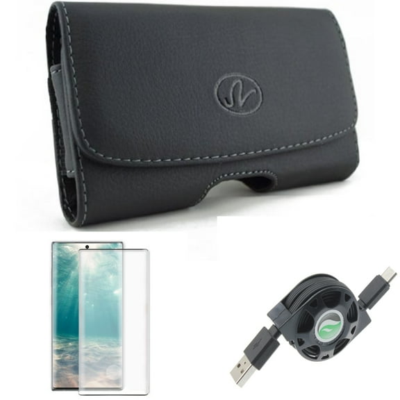 USB Cable & Case Belt Clip & Screen Protector for Samsung Galaxy Note 20 (6.7") - Combo with Retractable Type-C & Leather Swivel & Tempered Glass (Fingerprint Unlock)