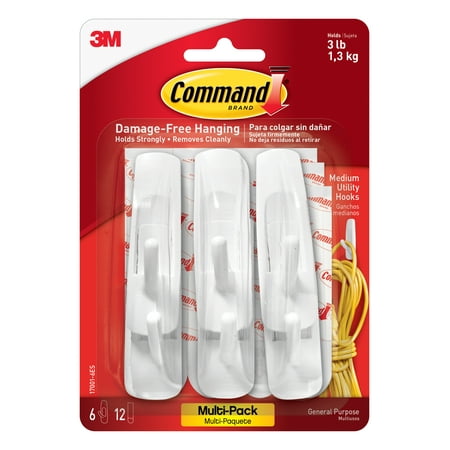 Command Hooks Value Pack, White, Medium, 6 Hooks, 12 Strips/Pack