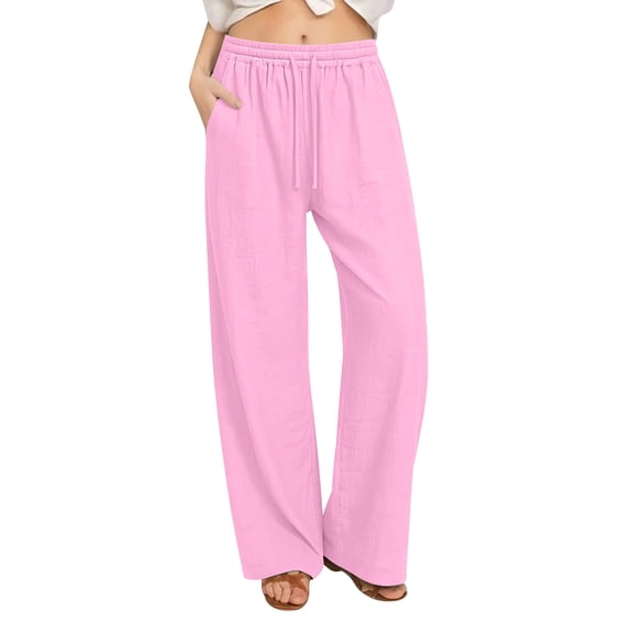 SELONE High Waisted Dress Pants for Women Wide Leg Trousers Elastic Waist Drawstring Pants with Pockets Outerwear Pink M