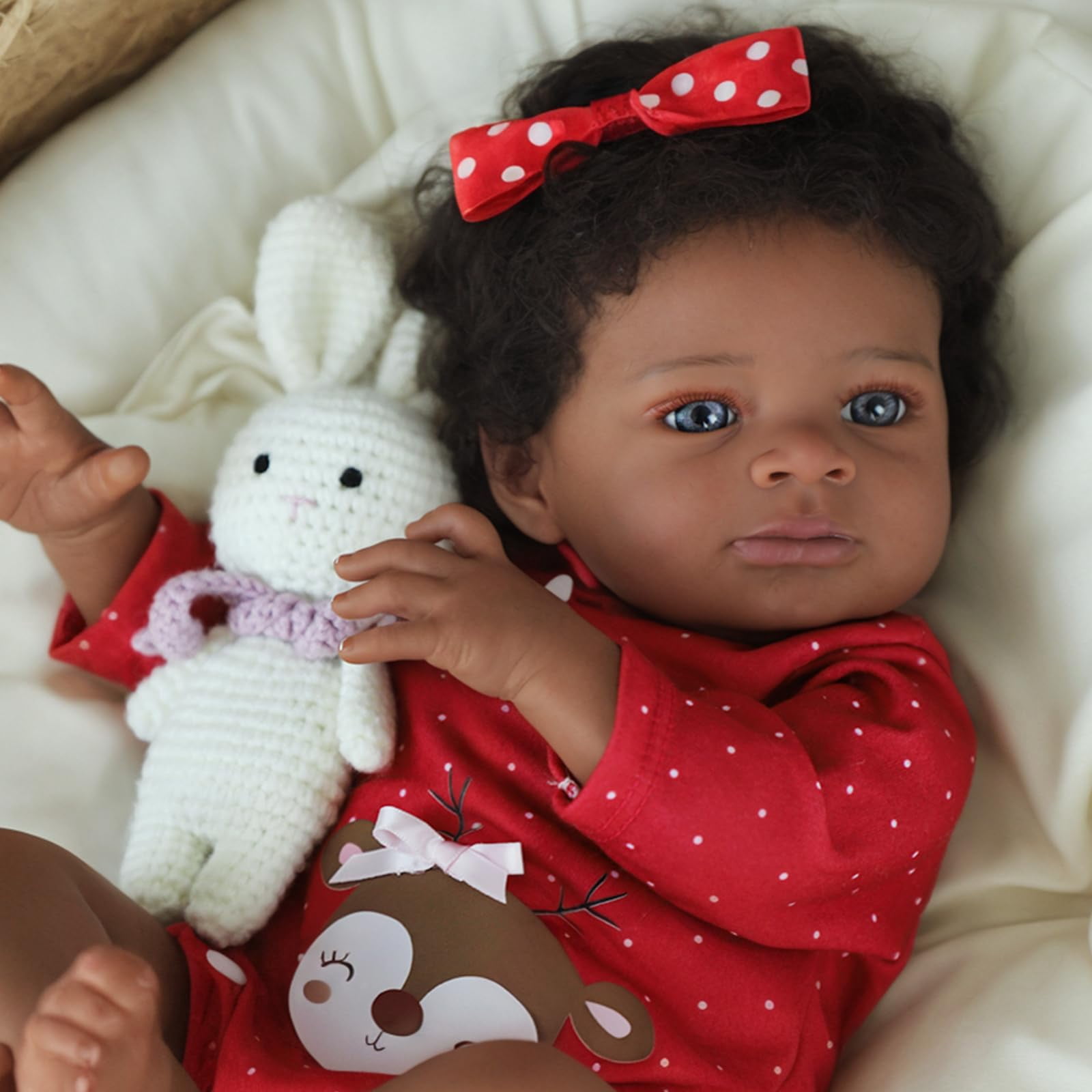 20 Inch Reborn Baby Doll Black Doll, Lifelike Baby Doll with Soft Cloth Body, Hand Rooted Curly Hair, Realistic African American Doll Toy for Kids Age 3+