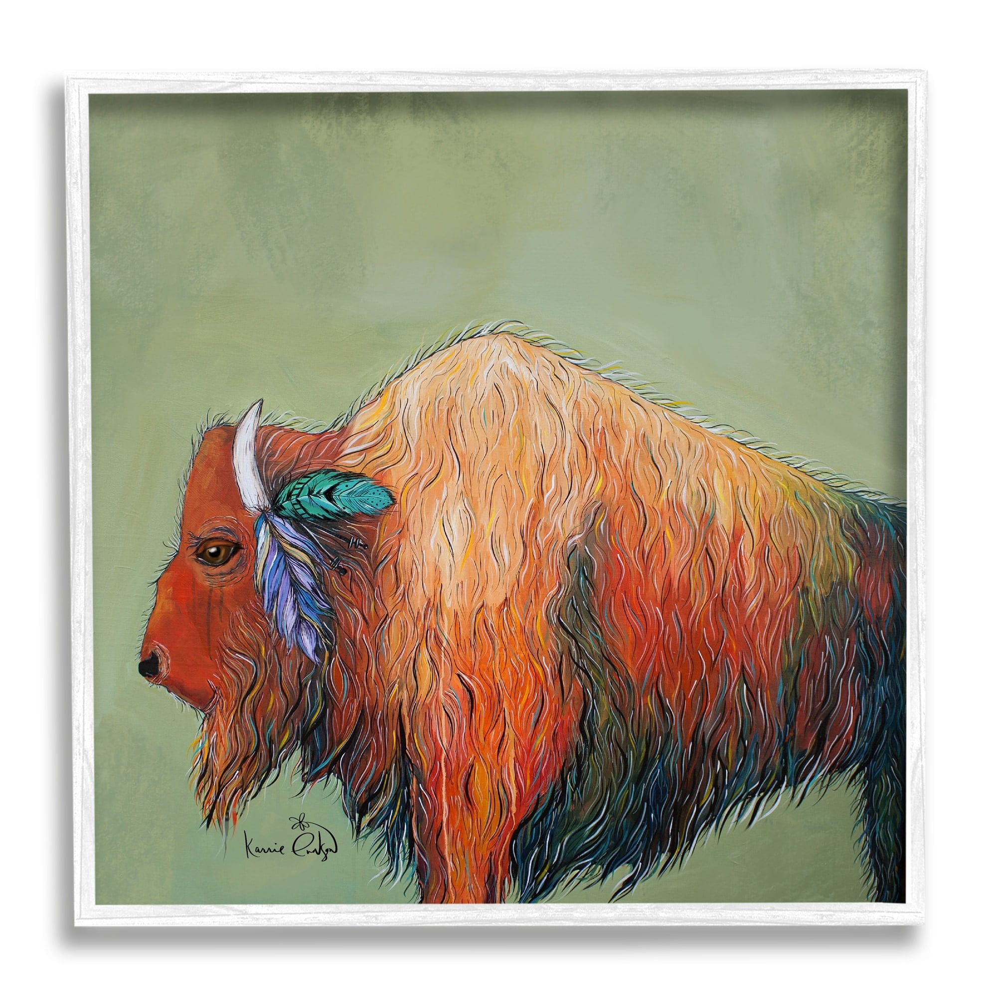 Stupell Industries Vivid Bison Hanging Feathers Horn Abstract Hair Painting White Framed Art Print Wall Art, Design by Karrie Evenson