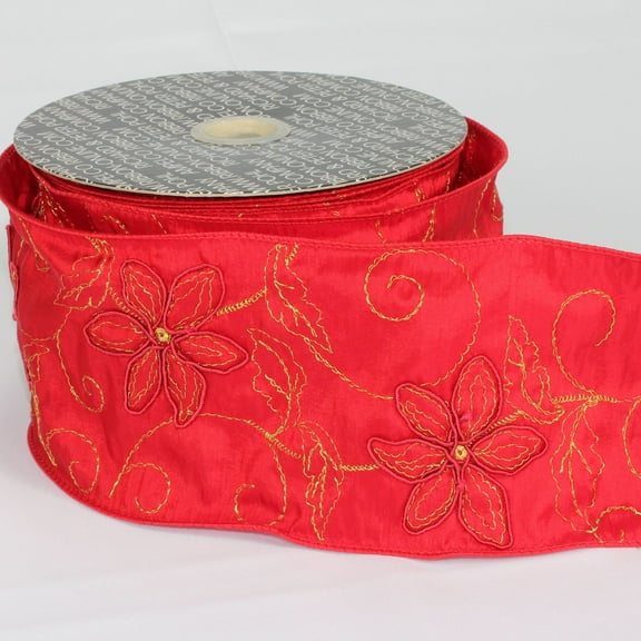 The Ribbon People Red Stitched Poinsettia Wired Craft Ribbon 4" x 20 Yards