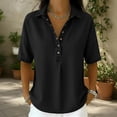thumbnail image 2 of Sillenn Retro Denim Shirt for Women Collar Henley Half Button Short Sleeve Jean Shirt Oversized Dressy Casual Jean Blouse Lightweight Loose Fit Business Casual Office Work Polo Shirt Black L, 2 of 5