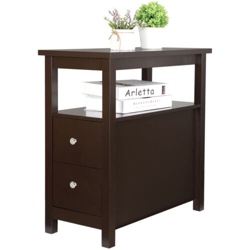 Chairside End Table with 2 Drawer and Shelf Narrow Nightstand