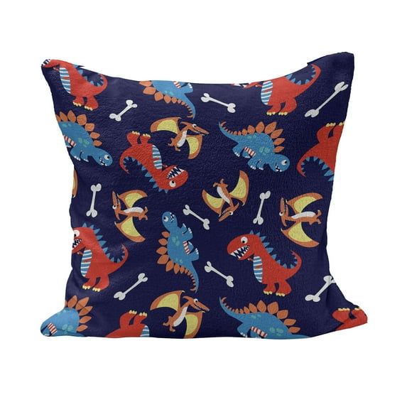 Dinosaur Fluffy Throw Pillow Cushion Cover, 3 Different Cartoon Dinosaurs Funny Expressions and Bones Theme, Decorative Square Accent Pillow Case, 16" x 16", Navy Blue Orange Red, by Ambesonne