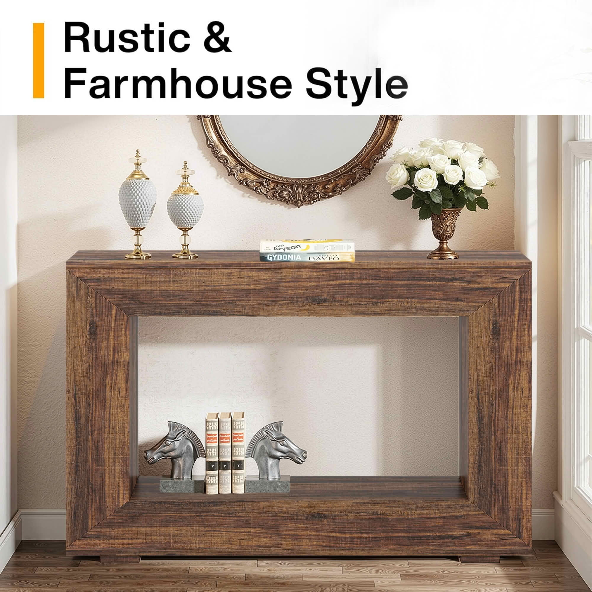 MAYEERTY 47.2" Farmhouse 2-Tier Console Table, E1 MDF Square Leg Entryway Sofa Table with Adjustable Anti-Slip Pads