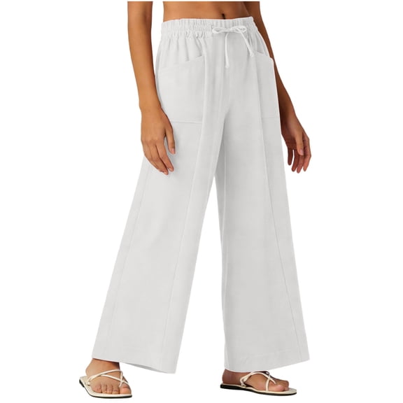 Annhoo Linen Pants for Women Baggy Casual Plain Drawstring Wide Leg Sweatpants with Pocket Soft Clothes