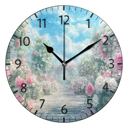 YAZAOO Decorative Wall Clock Size:25cm Blooming Pink Rose Design Pattern Clock