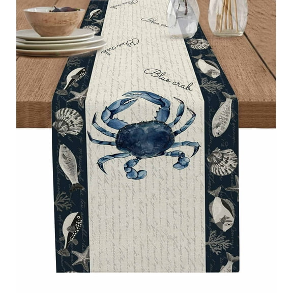 Table Runner Dresser Scarf 13 x 70 Inch Vintage Ocean Blue Crab Fish and Shell Table Runners Non-Slip Heat Kitchen Dining Table Decor for Kitchen Farmhouse Indoor Outdoor Home Party