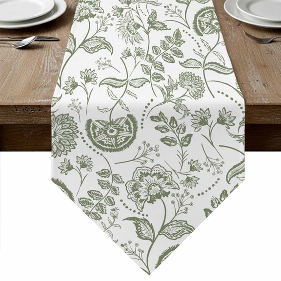 Boho Sage Green Floral Table Runner Linen Burlap Table Runner 90 Inches Long Vintage Farmhouse Paisley Plant Dresser Scarves for Kitchen Island Coffee Dining Party Wedding Holiday Decor 13"x90"
