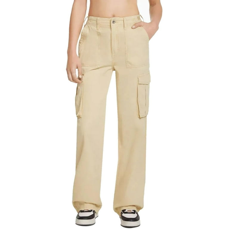 Beige Womens Loungewear Adjustable Straight Fit Cargo Pants High