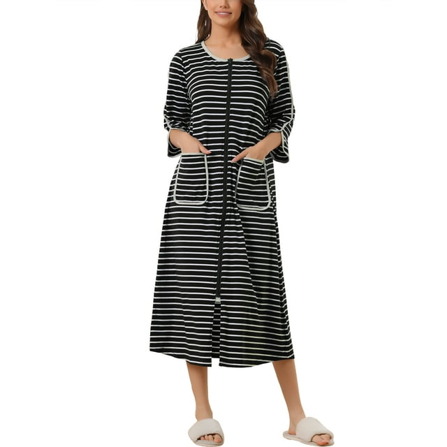Bata de baño de rayas con cierre frontal para mujeres Inspire Chic, manga 3/4, larga, vestido de casa, pijama, color negro para el Día de las Madres