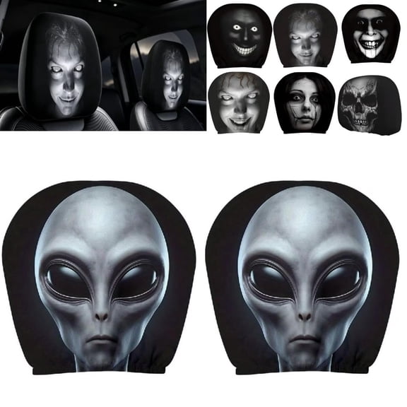 Halloween Car Headrest Covers Ghost Face 2 Pack, Cartoon Stretchy Seat Headrest Protector Soft Polyester Fabric with Funny Print for Auto Interior Decoration