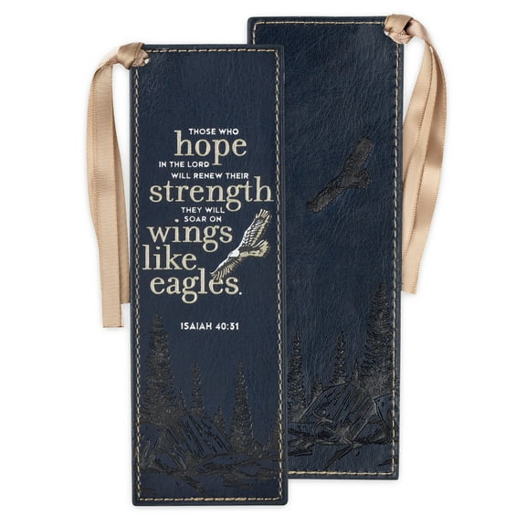 Christian Art Gifts Faux Leather Heat-debossed Bookmark For Men & Women: On Wings Like Eagles - Isaiah 40:31 Inspirational Bible Verse, Navy Blue w/Silver & Soft Gold Satin Ribbon