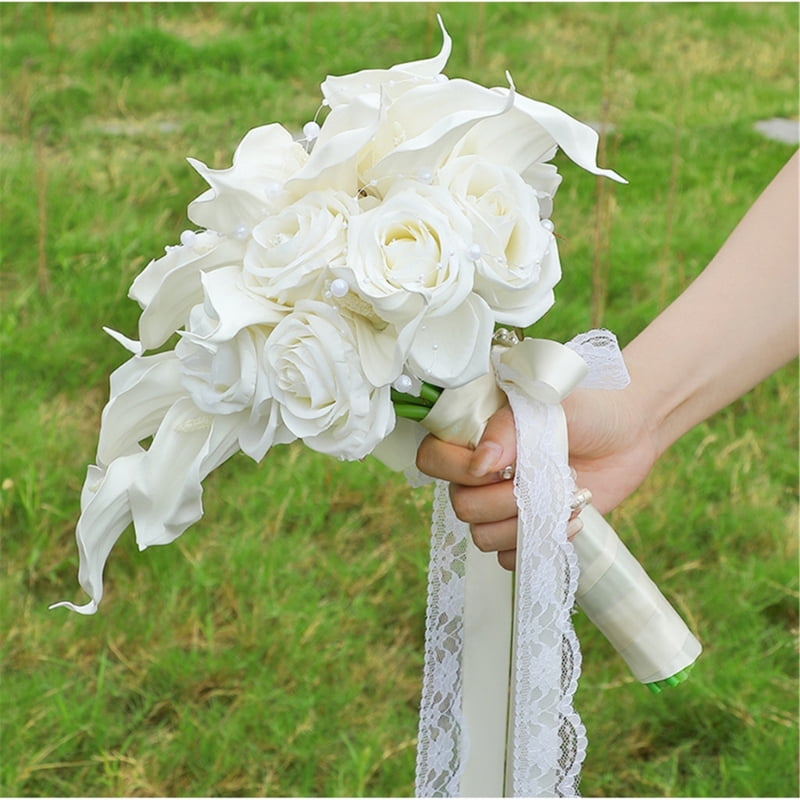 Elegant White Artificial Flower Bouquets For Bridal Party Decorations Gift Silk Calla Lilies Rose Bridal Accessory