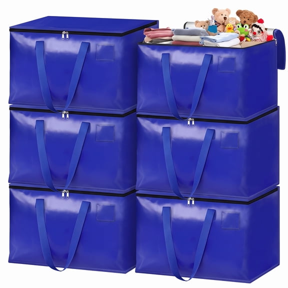 6 Pack Blue Large Capacity Moving Storage Bags, 93L Foldable Heavy Duty Woven Organizer Totes with Handles, Portable Storage Sacks for Quilts, Clothes and Household Items