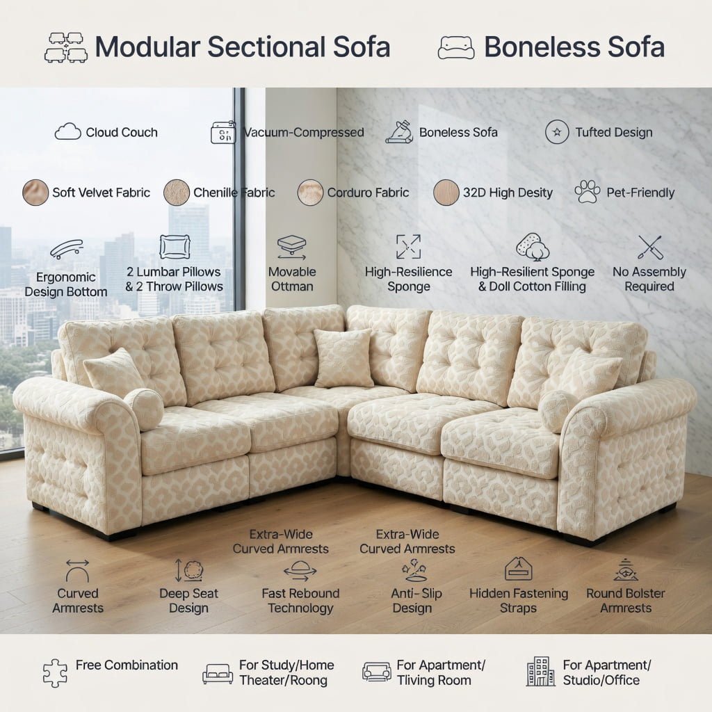 Hommoo 131" U-Shaped Leopard Print Chenille Sofa Set with Movable Ottomans, Tassel Trim & Ergonomic Deep Seat Design, Modern Living Room Sectional, Beige