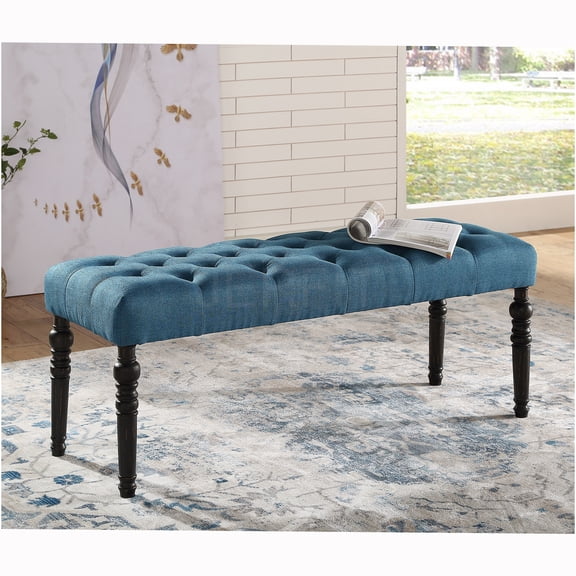 JERFIT Fabric Tufted Turned Leg Dining Bench Blue