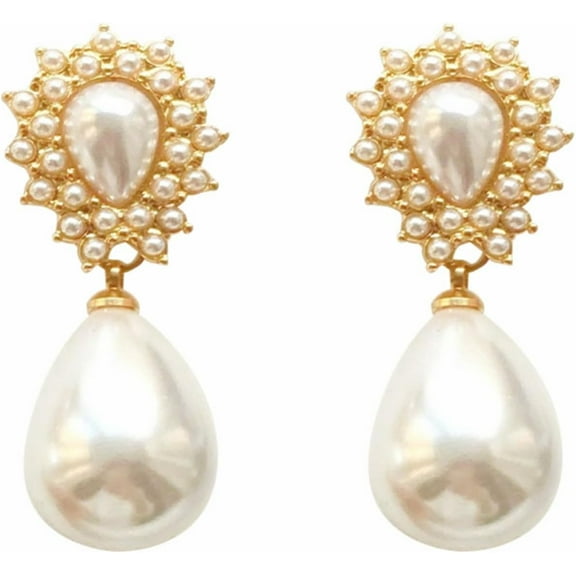 Wedding Bridal Teardrop Pearl Stud Earrings Gold Plated Vintage Charm Simulated White Pearls Beads Waterdrop Round Geometric Dangle Drop Earrings for Women Christmas Birthday Prom Jewelry Gifts