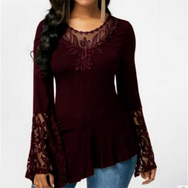 Blusa informal de manga larga con cuello redondo para mujer, camisa Sexy de retazos de encaje, Color liso, moda urbana, Otoño, 2022
